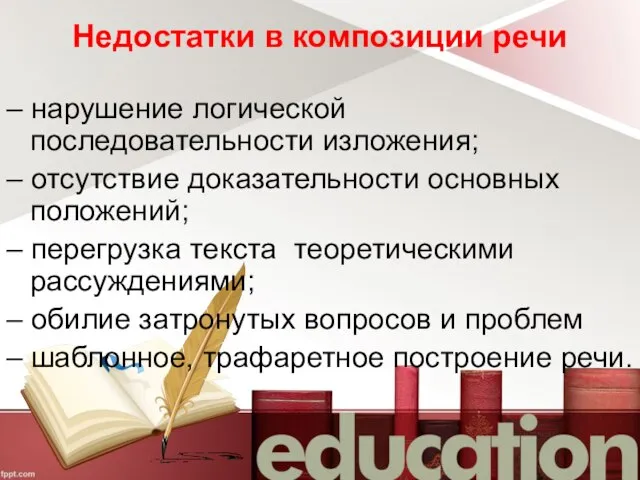 Недостатки в композиции речи – нарушение логической последовательности изложения; – отсутствие