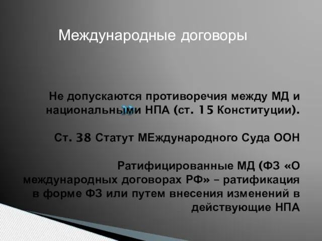 Не допускаются противоречия между МД и национальными НПА (ст. 15 Конституции).