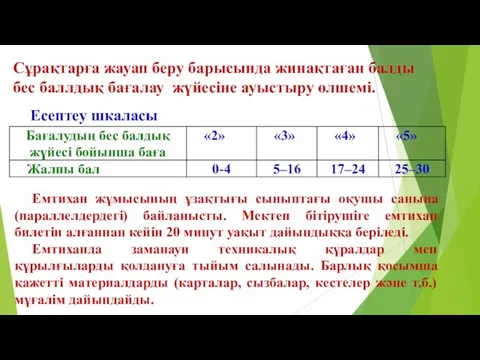 Сұрақтарға жауап беру барысында жинақтаған балды бес баллдық бағалау жүйесіне ауыстыру