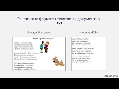 Различные форматы текстовых документов TXT Исходный вариант Формат «TXT»