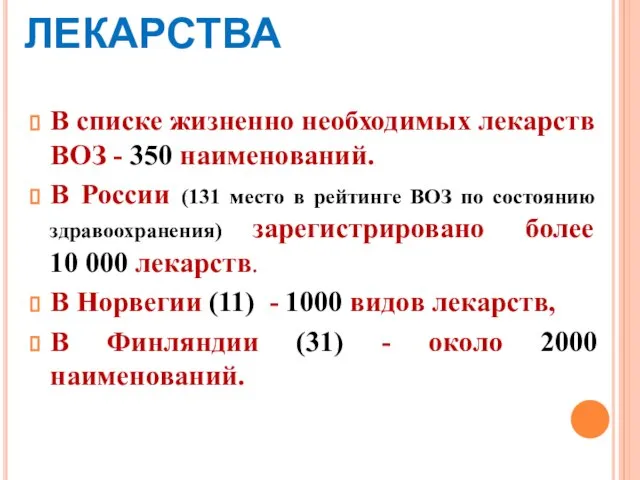 ЛЕКАРСТВА В списке жизненно необходимых лекарств ВОЗ - 350 наименований. В