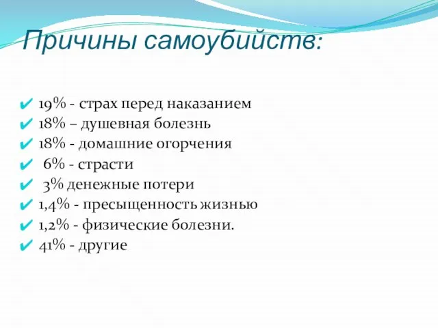 Причины самоубийств: 19% - страх перед наказанием 18% – душевная болезнь