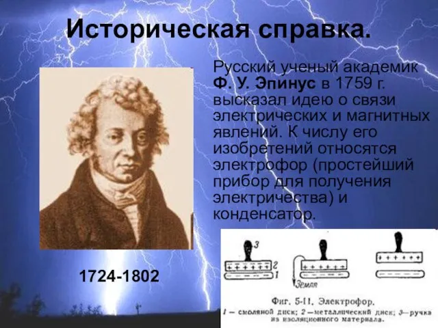 Русский ученый академик Ф. У. Эпинус в 1759 г. высказал идею