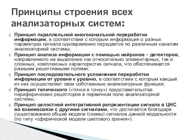 Принцип параллельной многоканальной переработки информации, в соответствии с которым информация о