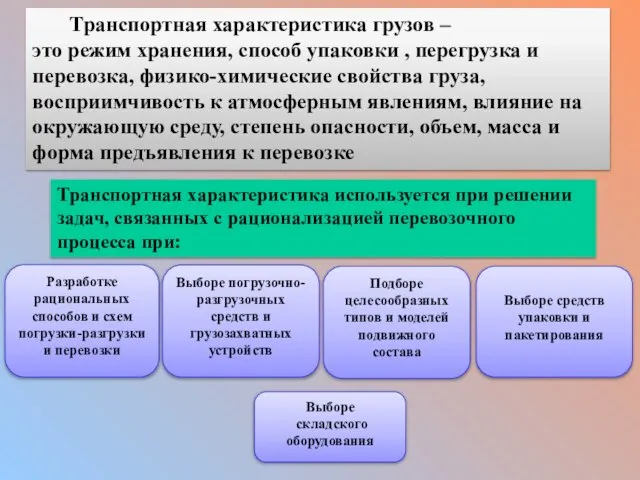 Транспортная характеристика грузов – это режим хранения, способ упаковки , перегрузка