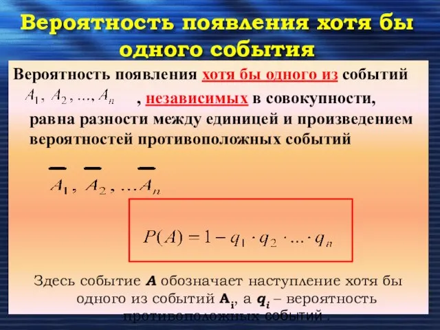 Вероятность появления хотя бы одного события Вероятность появления хотя бы одного