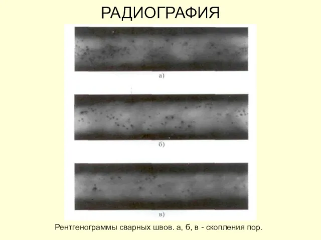 РАДИОГРАФИЯ Рентгенограммы сварных швов. а, б, в - скопления пор.