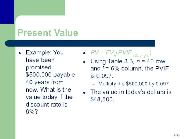 Present Value Example: You have been promised $500,000 payable 40 years
