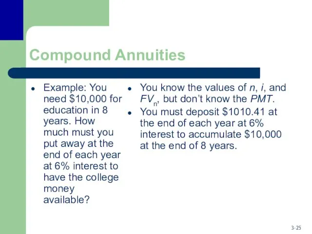 Compound Annuities Example: You need $10,000 for education in 8 years.