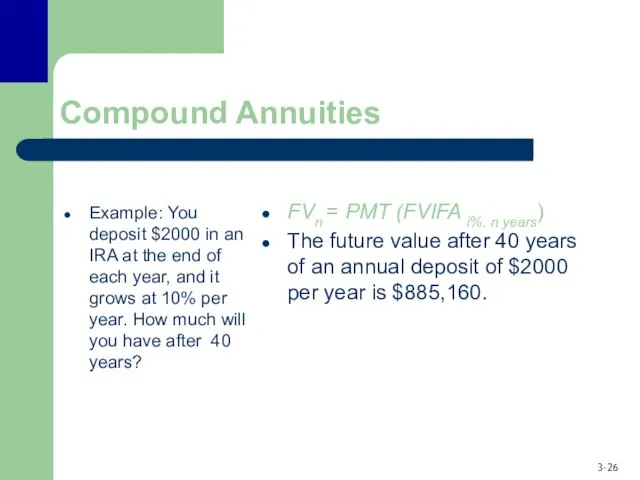 Compound Annuities Example: You deposit $2000 in an IRA at the