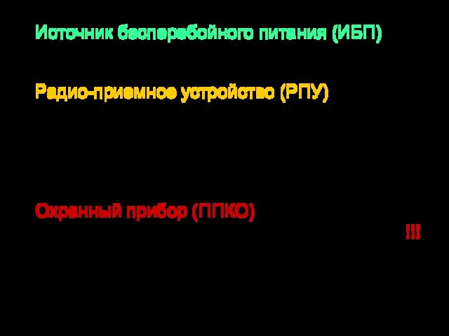 Источник бесперебойного питания (ИБП) Радио-приемное устройство (РПУ) Кабели Охранный прибор (ППКО)