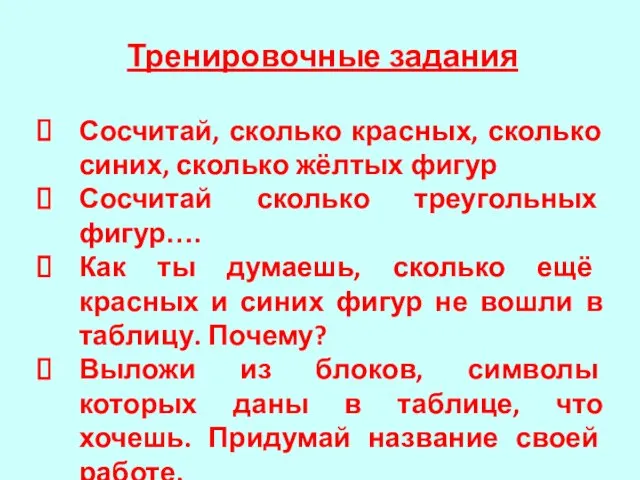 Тренировочные задания Сосчитай, сколько красных, сколько синих, сколько жёлтых фигур Сосчитай