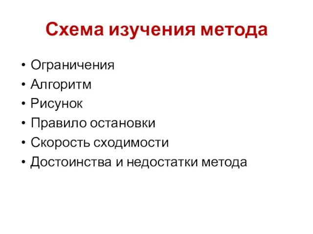 Схема изучения метода Ограничения Алгоритм Рисунок Правило остановки Скорость сходимости Достоинства и недостатки метода