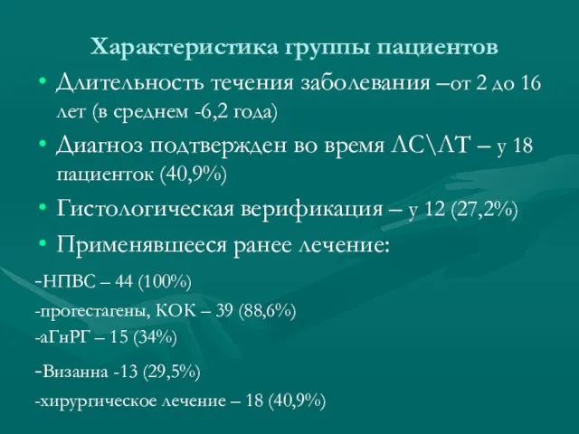 Характеристика группы пациентов Длительность течения заболевания –от 2 до 16 лет