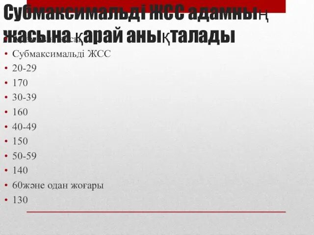 Субмаксимальді ЖСС адамның жасына қарай анықталады Адамның жасы Субмаксимальді ЖСС 20-29