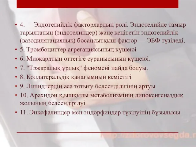 4. Эндотелийлік факторлардың ролі. Эндотелийде тамыр тарылтатын (эндотелиндер) және кеңітетін эндотелийлік