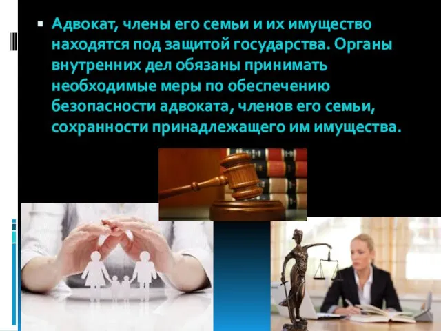 Адвокат, члены его семьи и их имущество находятся под защитой государства.