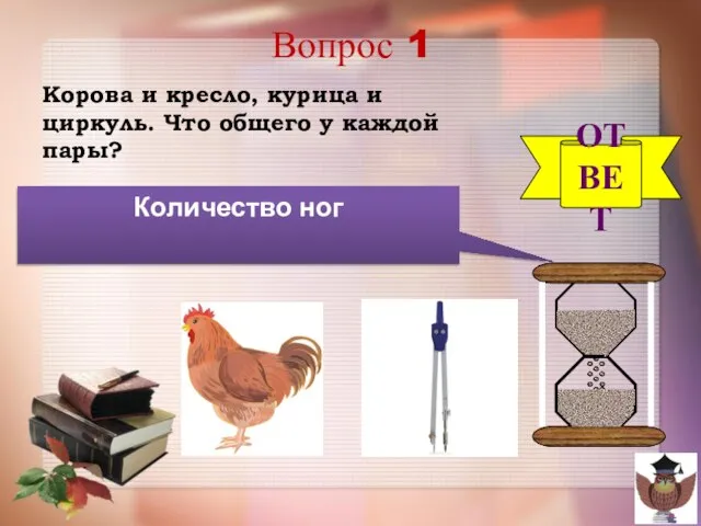 Вопрос 1 Корова и кресло, курица и циркуль. Что общего у каждой пары? ОТВЕТ Количество ног