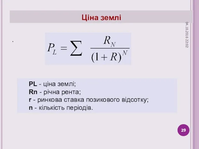 Ціна землі . PL - ціна землі; Rn - річна рента;