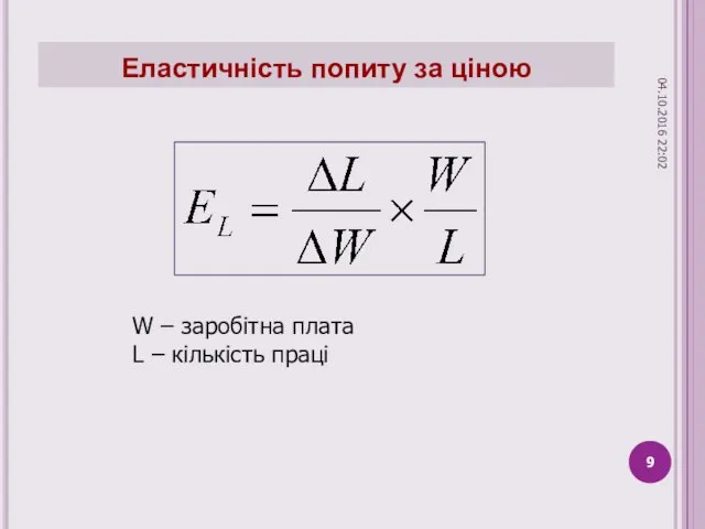 Еластичність попиту за ціною W – заробітна плата L – кількість праці 04.10.2016 22:02