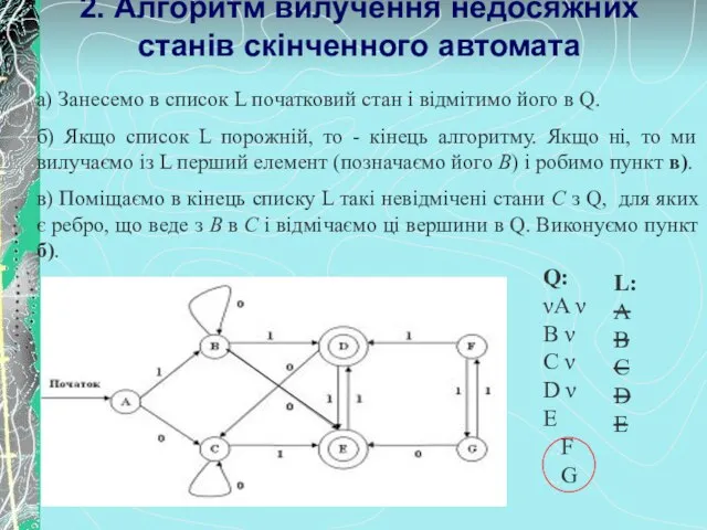 2. Алгоритм вилучення недосяжних станів скінченного автомата а) Занесемо в список