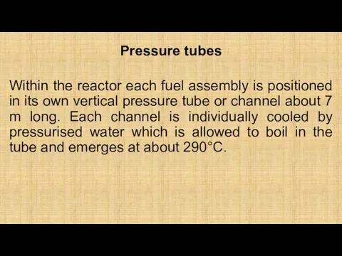 Pressure tubes Within the reactor each fuel assembly is positioned in