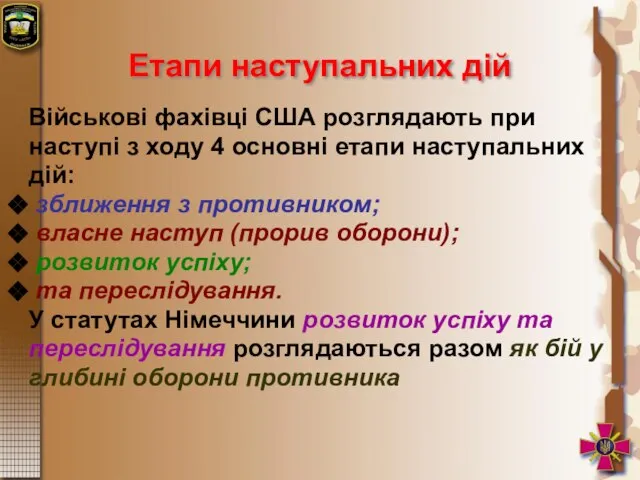 Етапи наступальних дій Військові фахівці США розглядають при наступі з ходу