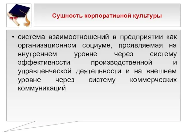 Сущность корпоративной культуры система взаимоотношений в предприятии как организационном социуме, проявляемая