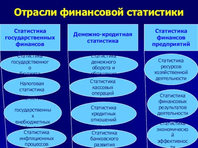 Отрасли финансовой статистики Статистика государственных финансов Денежно-кредитная статистика Статистика финансов предприятий