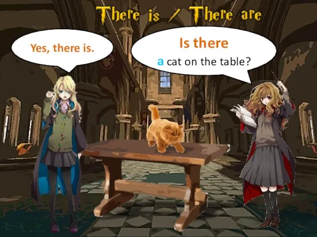 Is there a cat on the table? Yes, there is.