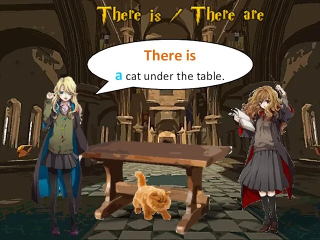 There is a cat under the table.