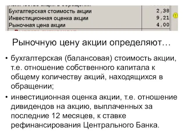 Рыночную цену акции определяют… бухгалтерская (балансовая) стоимость акции, т.е. отношение собственного