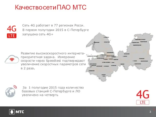 Качество сети ПАО МТС Сеть 4G работает в 77 регионах Росси.