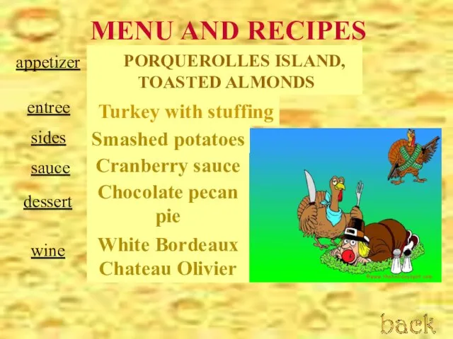 MENU AND RECIPES PORQUEROLLES ISLAND, TOASTED ALMONDS appetizer Turkey with stuffing
