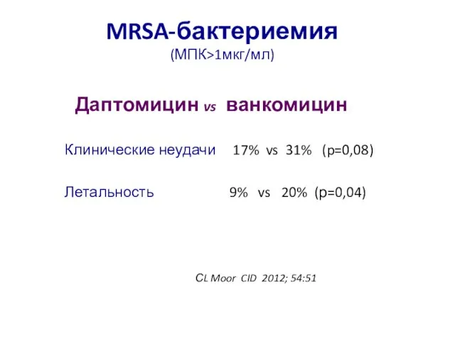 MRSA-бактериемия (МПК>1мкг/мл) Даптомицин vs ванкомицин Клинические неудачи 17% vs 31% (p=0,08)