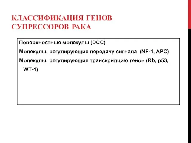 КЛАССИФИКАЦИЯ ГЕНОВ СУПРЕССОРОВ РАКА Поверхностные молекулы (DCC) Молекулы, регулирующие передачу сигнала