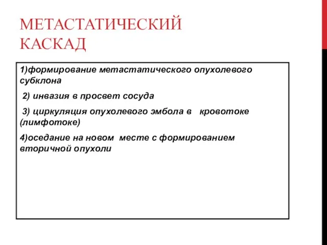 МЕТАСТАТИЧЕСКИЙ КАСКАД 1)формирование метастатического опухолевого субклона 2) инвазия в просвет сосуда