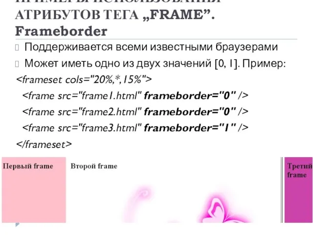 ПРИМЕРЫ ИСПОЛЬЗОВАНИЯ АТРИБУТОВ ТЕГА „FRAME”. Frameborder Поддерживается всеми известными браузерами Может