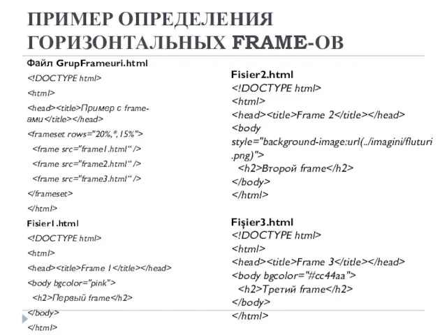 ПРИМЕР ОПРЕДЕЛЕНИЯ ГОРИЗОНТАЛЬНЫХ FRAME-ОВ Файл GrupFrameuri.html Пример с frame-ами Fisier1.html Frame