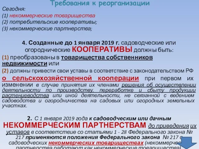 Требования к реорганизации Сегодня: (1) некоммерческие товарищества (2) потребительские кооперативы; (3)