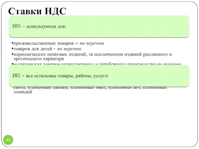 Ставки НДС 10% - используются для: продовольственных товаров – по перечню