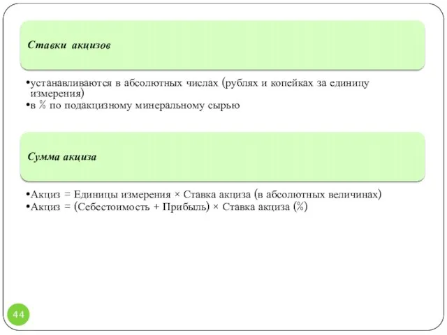 Ставки акцизов устанавливаются в абсолютных числах (рублях и копейках за единицу