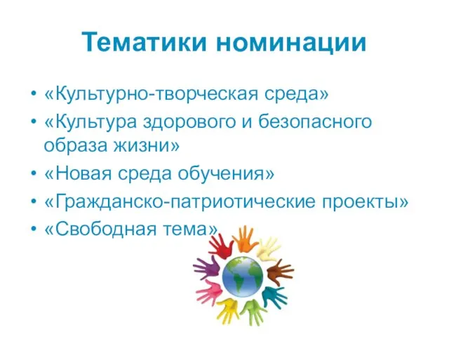 Тематики номинации «Культурно-творческая среда» «Культура здорового и безопасного образа жизни» «Новая