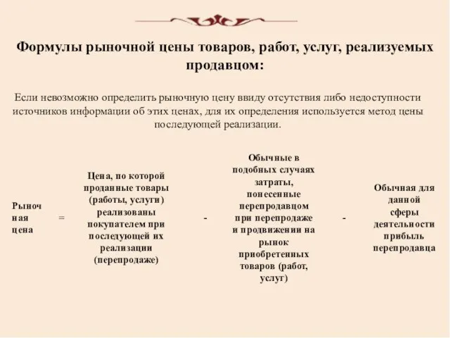 Формулы рыночной цены товаров, работ, услуг, реализуемых продавцом: Если невозможно определить