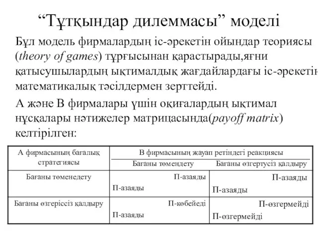 “Тұтқындар дилеммасы” моделі Бұл модель фирмалардың іс-әрекетін ойындар теориясы(theory of games)