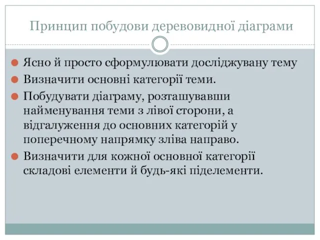 Принцип побудови деревовидної діаграми Ясно й просто сформулювати досліджувану тему Визначити