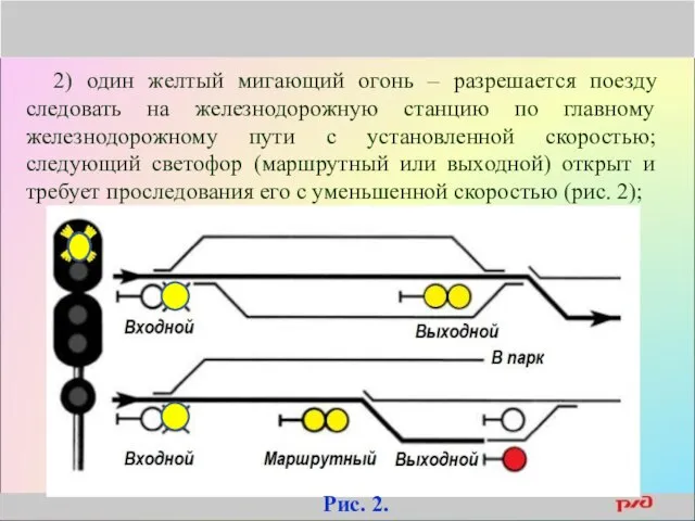 2) один желтый мигающий огонь – разрешается поезду следовать на железнодорожную