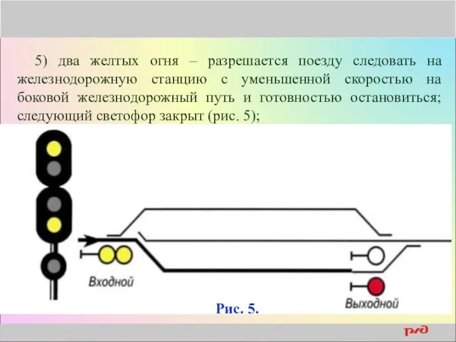 5) два желтых огня – разрешается поезду следовать на железнодорожную станцию