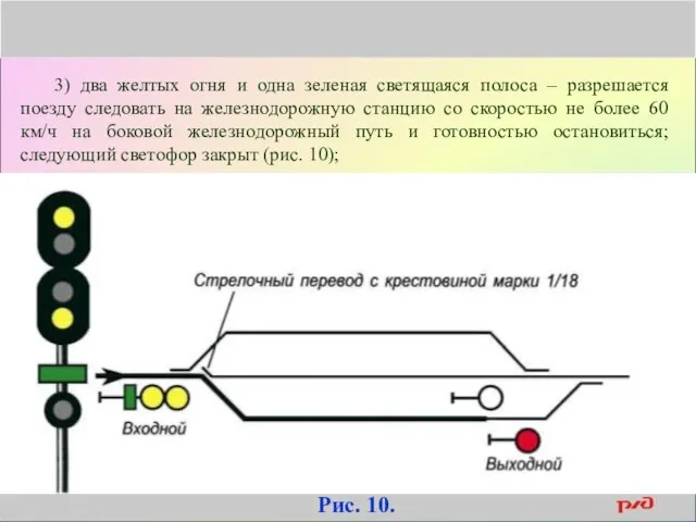 3) два желтых огня и одна зеленая светящаяся полоса – разрешается