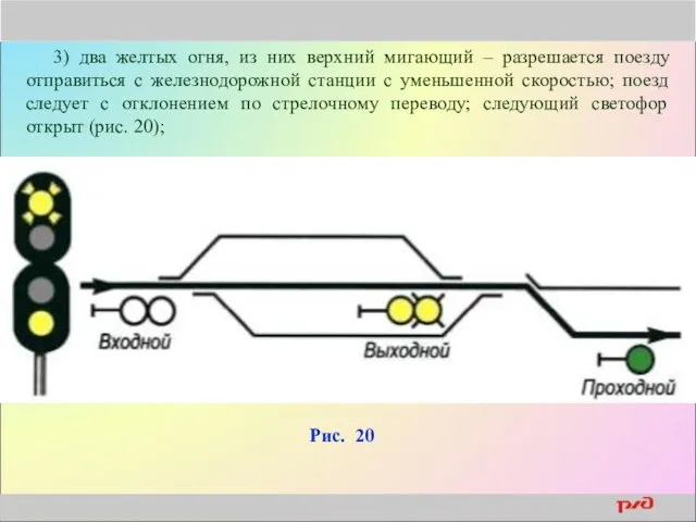 3) два желтых огня, из них верхний мигающий – разрешается поезду